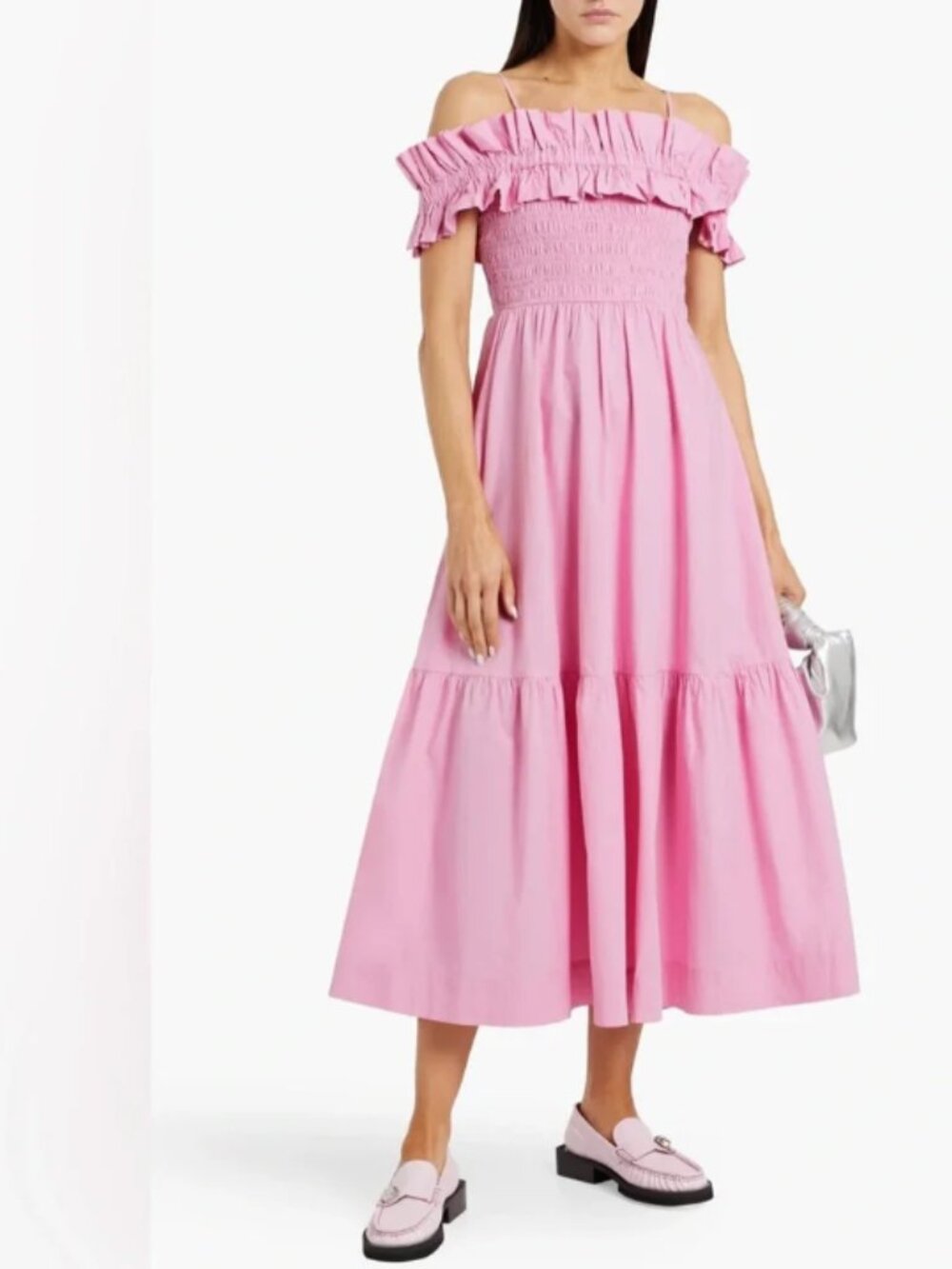 Ganni Pink Ruffle Off-Shoulder Dress